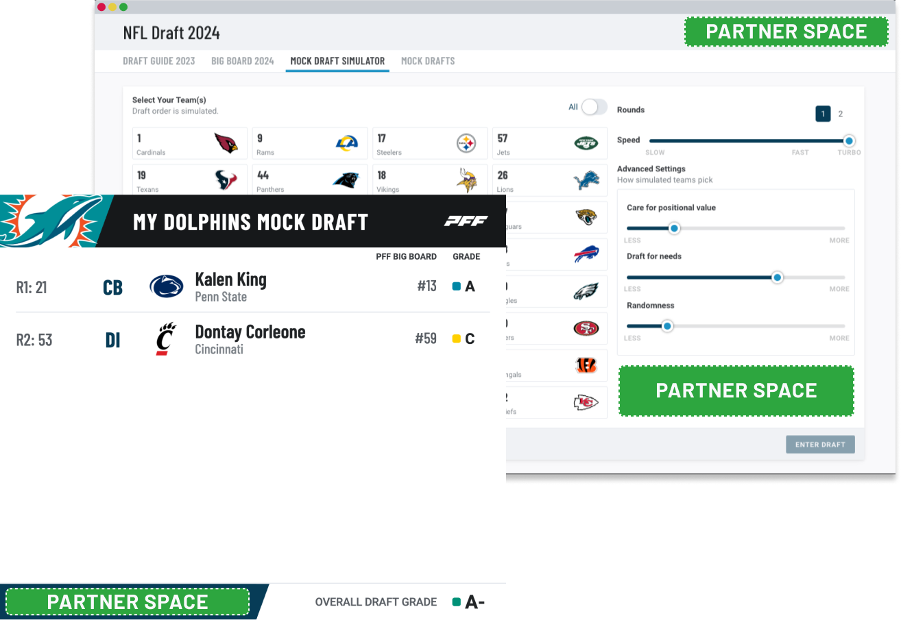 PFF Draft simulator with highlights for partner advertising space
