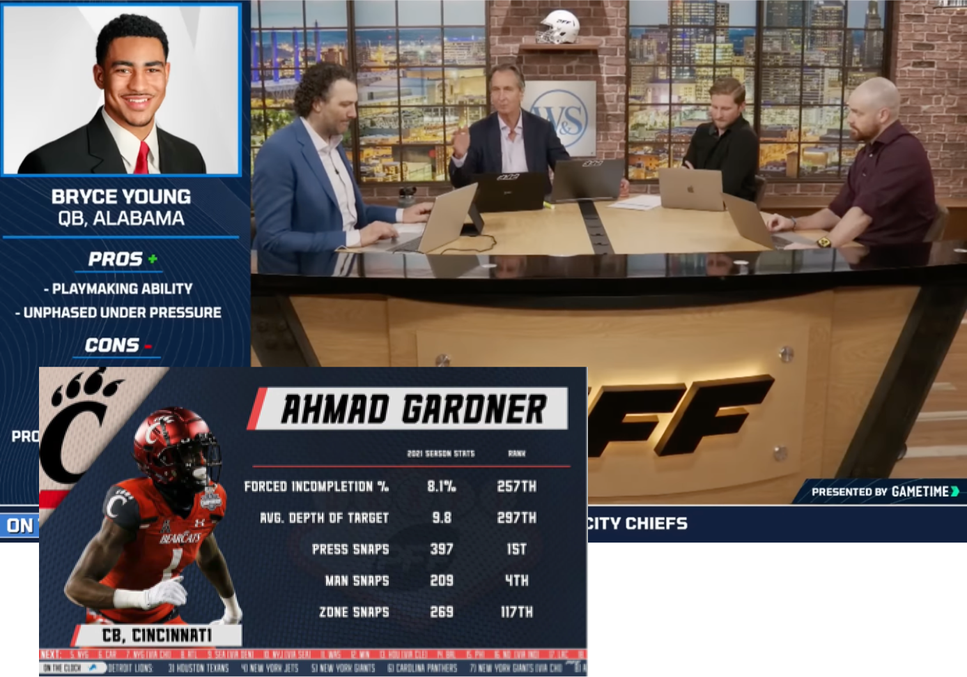 Screenshot of PFF draft show coverage with PFF talent and player highlights